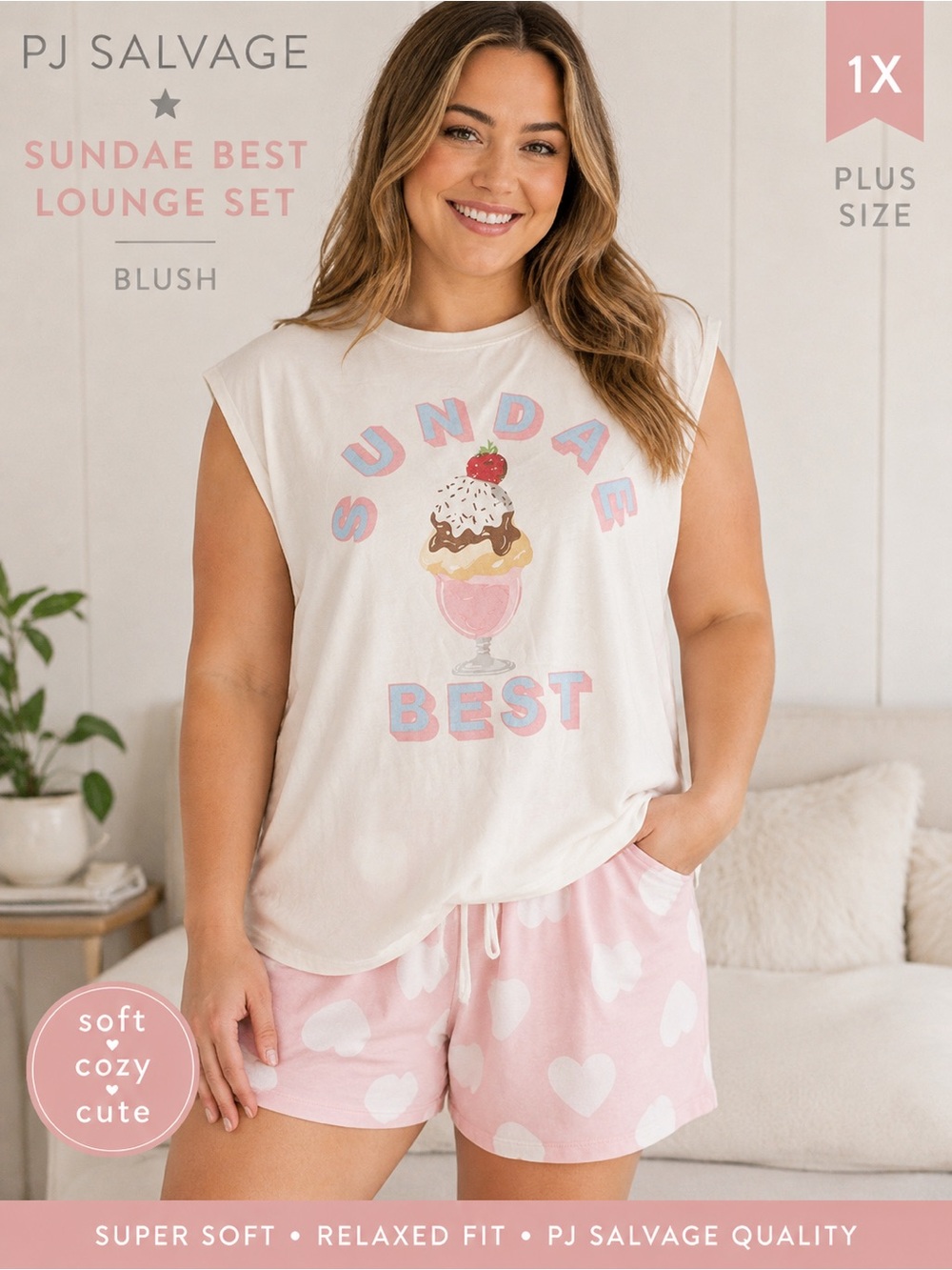 PJ Salvage Sundae Best Lounge Set Pajamas Pink Hearts Ice Cream 1X NWT